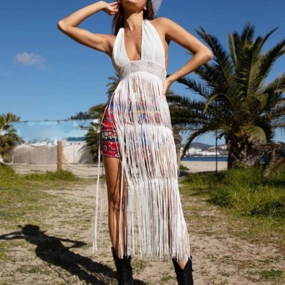 Western Festivalwhite Open Back Fringe Hem Halter Top Coachella - Picture 2 of 5